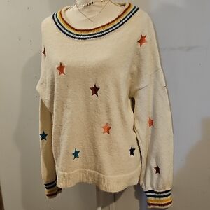 Storia Cream and Orange Crew Neck Sweater with Star Pattern